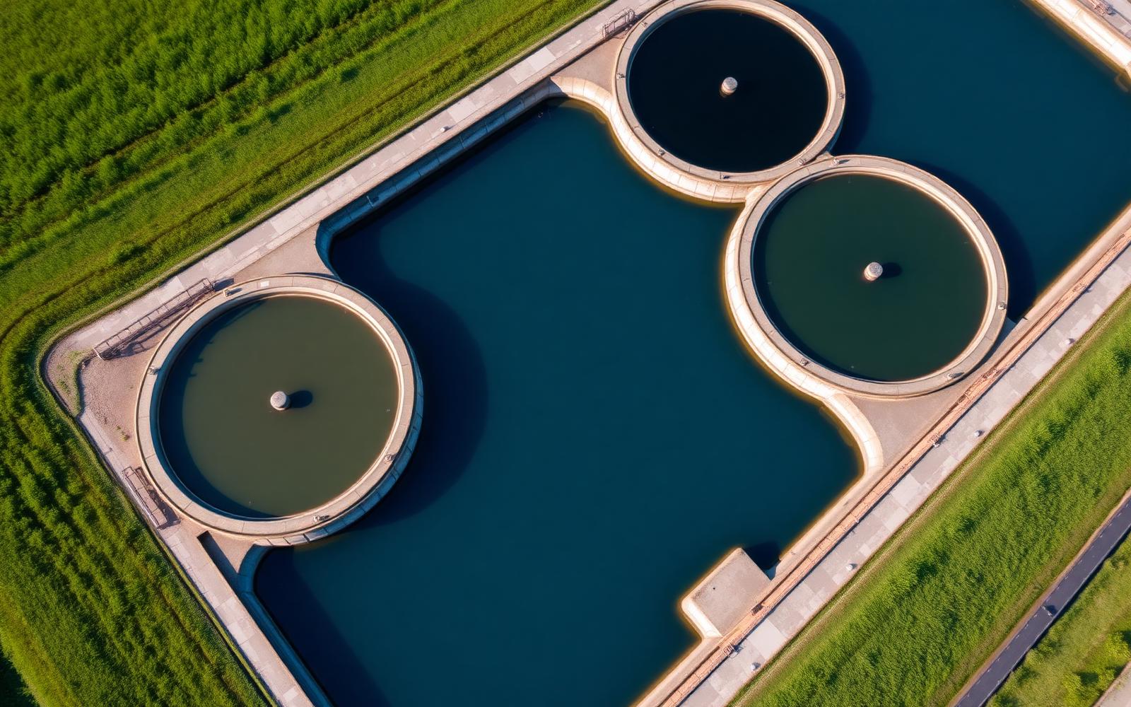 Aerial view of circular clarifier tanks at a waste water treatment plant